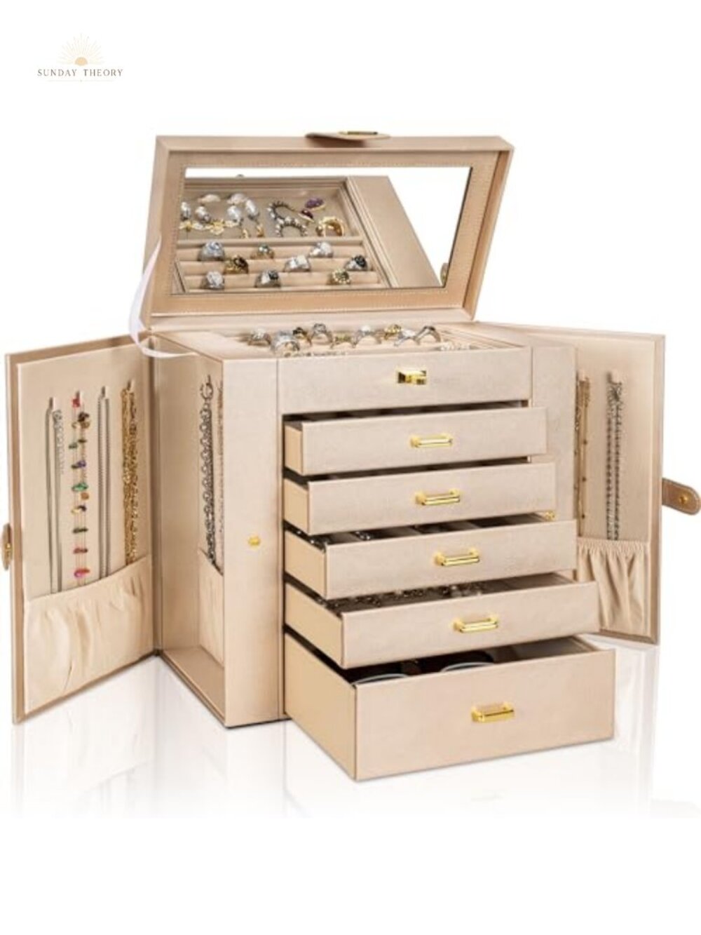6-Tier Jewelry Box Organizer Faux Leather Velvet Champagne